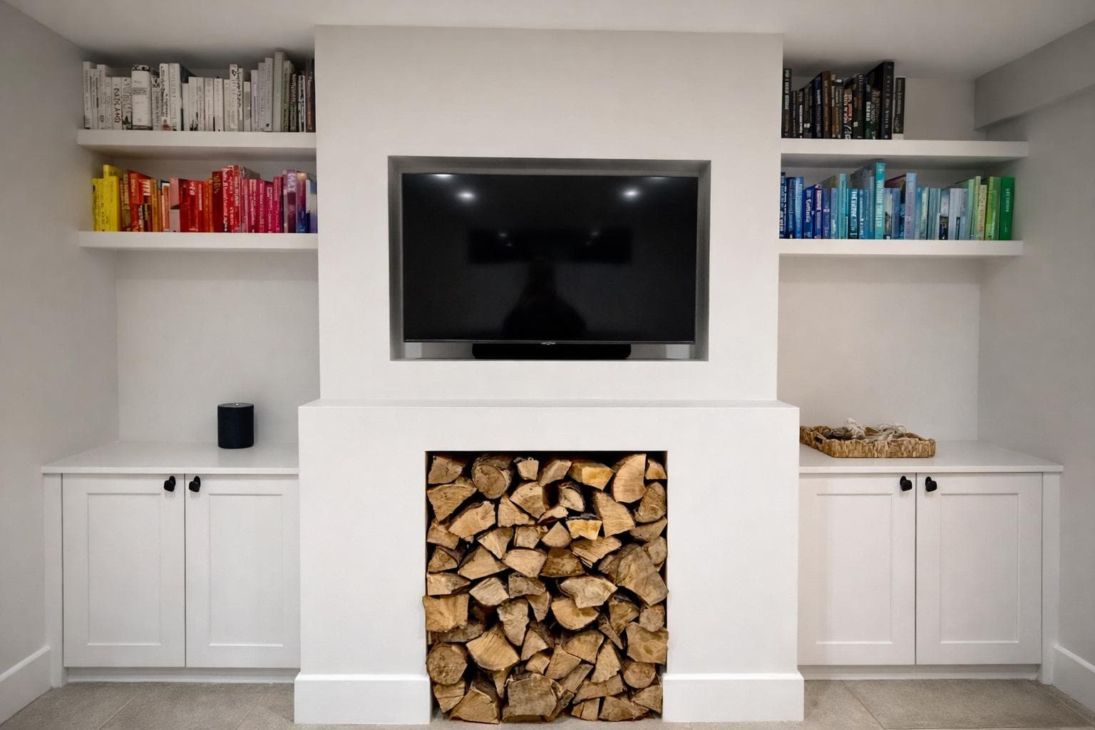 Floating shelves, log store and media wall unit in a painted finish